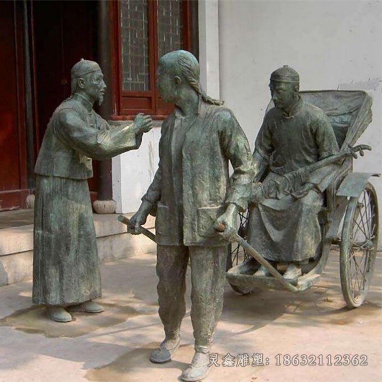 赣州古代人物车夫拉车铜雕