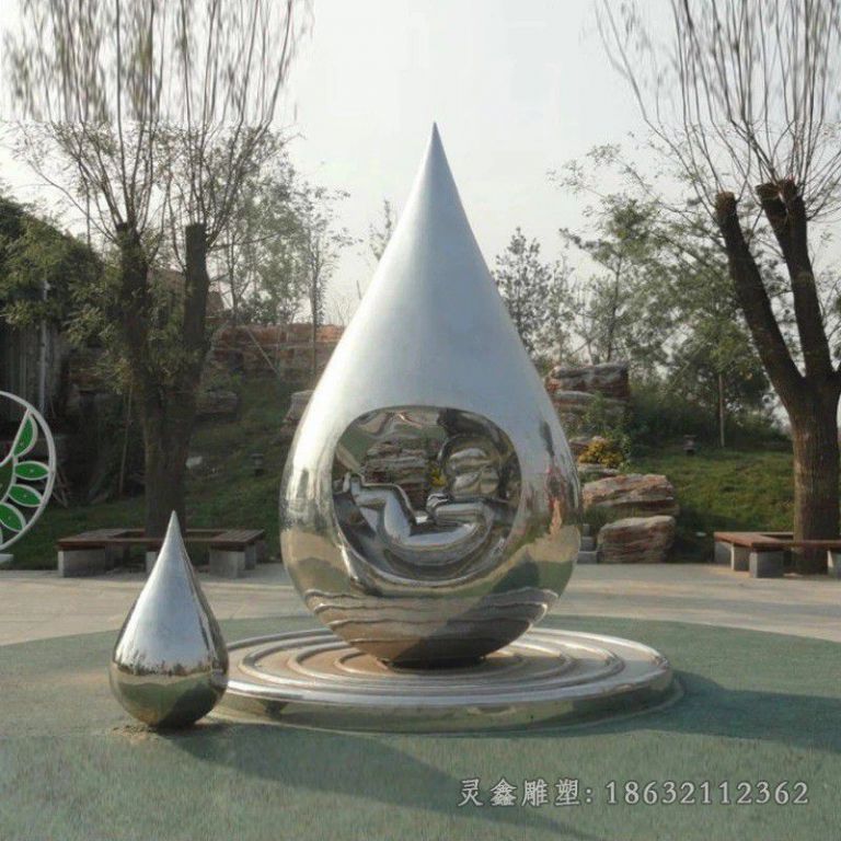景德镇镜面不锈钢孕育小孩水滴雕塑