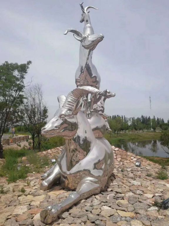 不锈钢三羊开泰雕塑，公园景观摆件