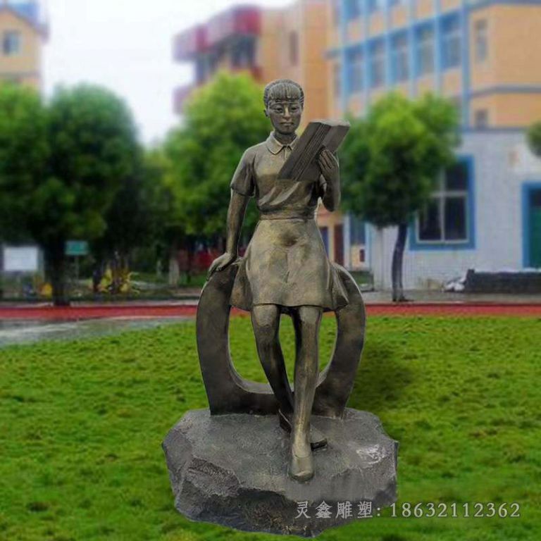 读书女孩校园铜雕 (2)