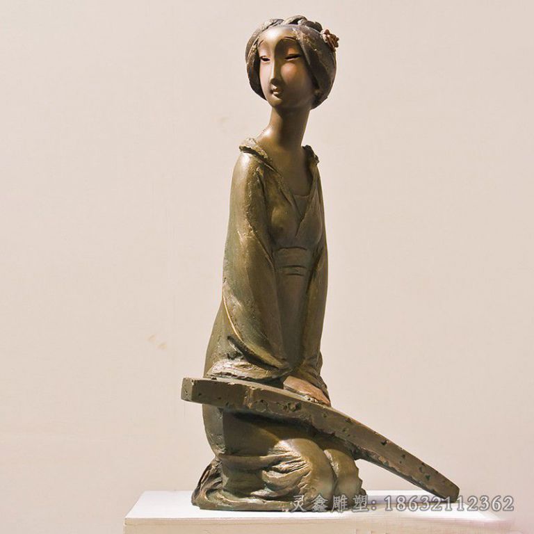 弹古筝的女人铜雕，古代人物雕塑
