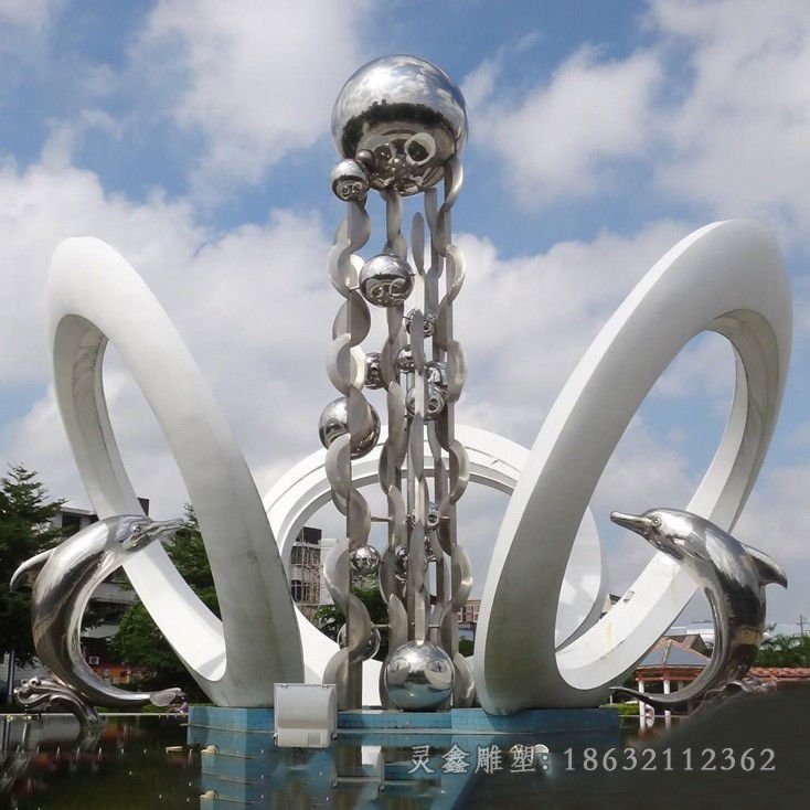 南昌不锈钢海豚顶球景观雕塑