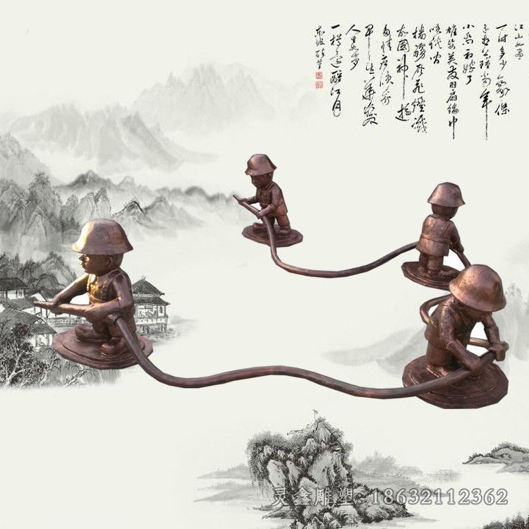 消防员抽象儿童铜雕