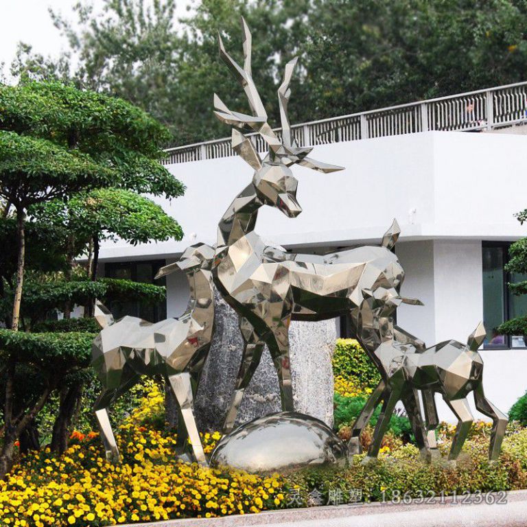 不锈钢几何母子鹿广场雕塑