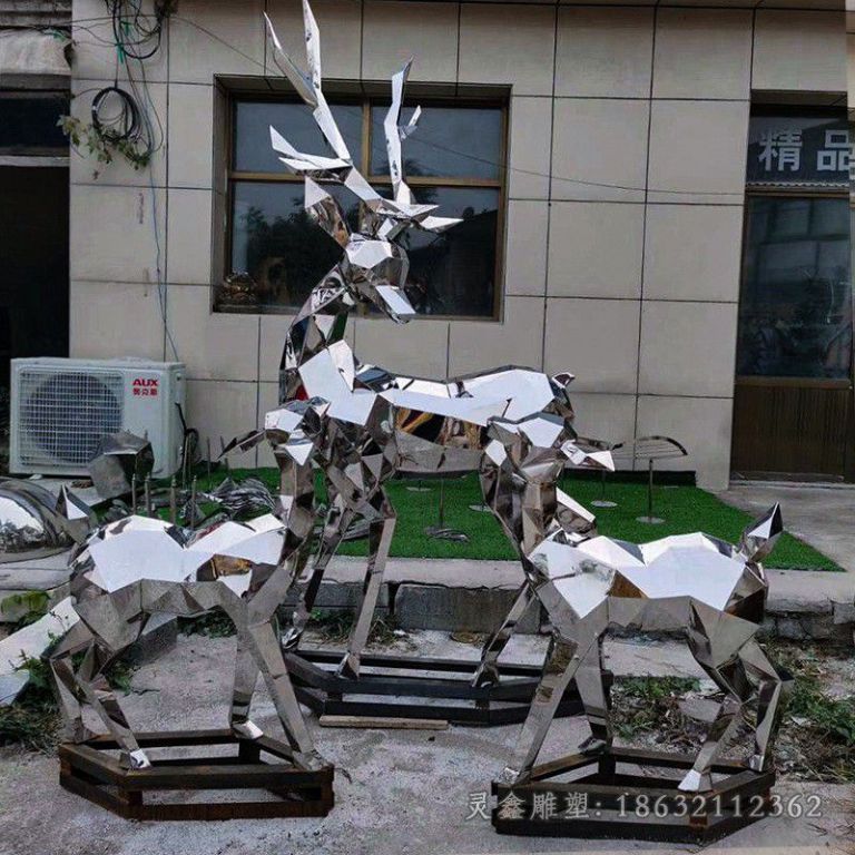 不锈钢几何母子鹿户外雕塑
