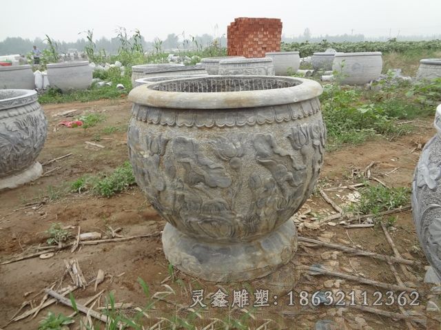 荷花石浮雕花盆景观铜雕