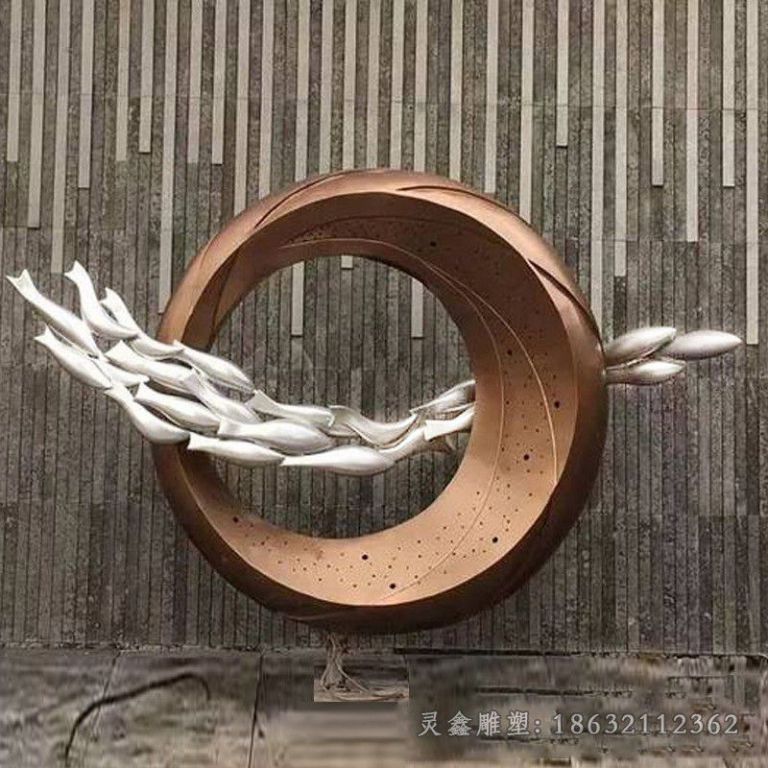 不锈钢抽象鱼群圆环雕塑