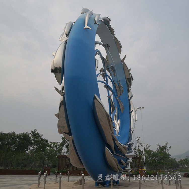 不锈钢彩绘鱼群校园雕塑