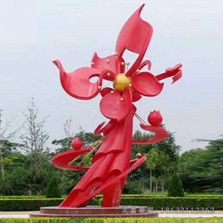 不锈钢红色花朵小区雕塑