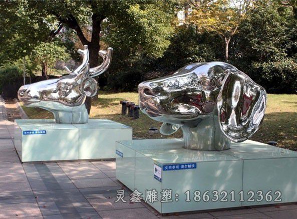 不锈钢十二生肖头象雕塑
