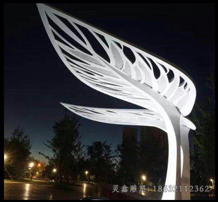 不锈钢镜面发光树叶雕塑