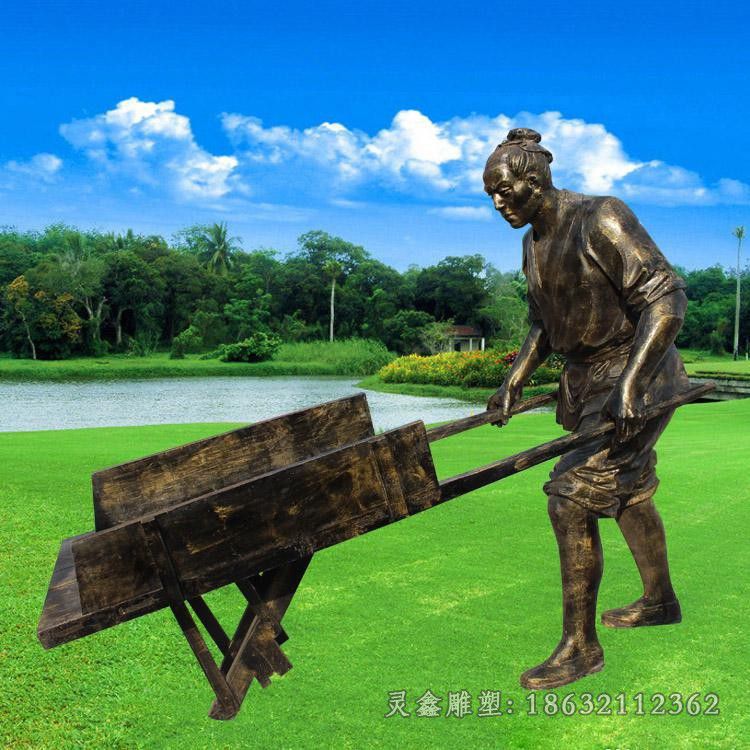 推车人物抽象景观铜雕