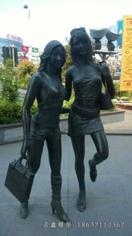 逛街美女人物景观铜雕