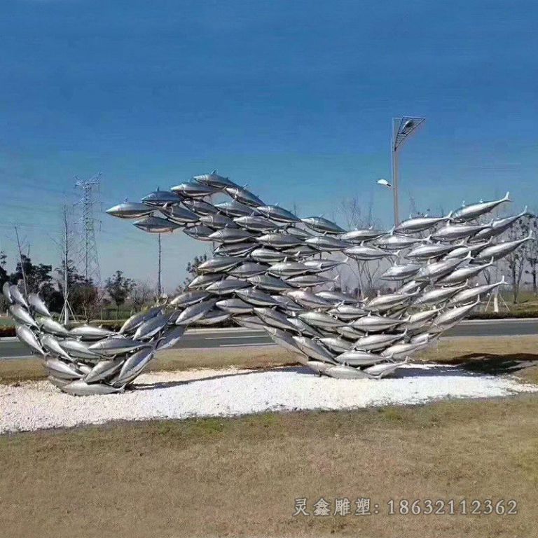 不锈钢鱼群景区标志雕塑