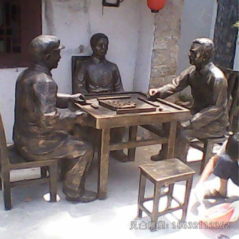 打麻将人物景观铜雕