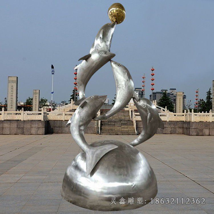 海豚戏球动物不锈钢雕塑