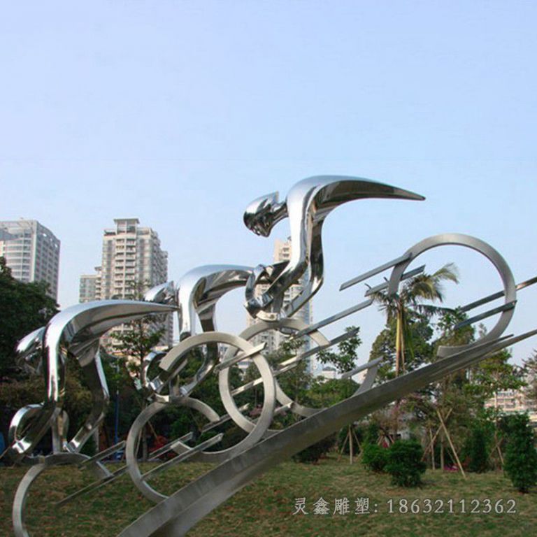 不锈钢镜面自行车庭院雕塑