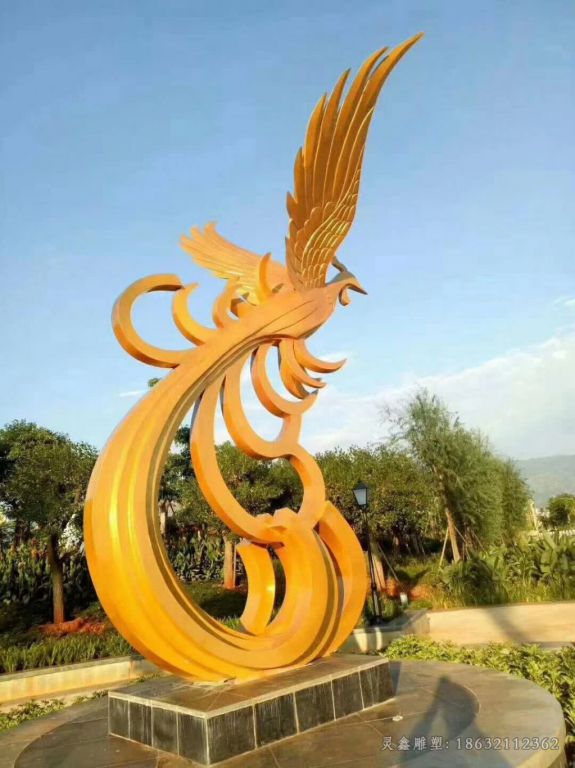 彩绘凤凰不锈钢景观雕塑